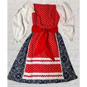 Vintage Herman Marcus 70s Red Blue Off Shoulder Apron Prairie Dress Small Medium